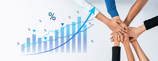 Obraz premium Individuals from diverse backgrounds join hands over a graph depicting growth, symbolizing collaboration, teamwork, and success in achieving business goals. Cyphers