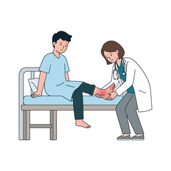 Fototapeta premium Doctor Examining Injured Foot of Patient Sitting on Hospital Examination Bed