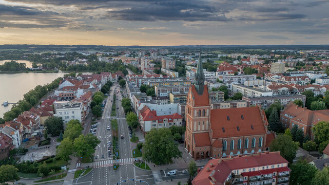 Scenic aerial view of Elk city lake and waterfront promenade in Masuria, Poland