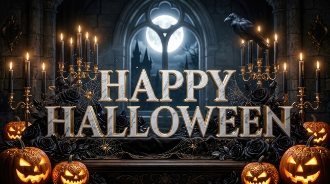 Spooky happy halloween scene with jack o' lanterns candles and a raven perfect for festive celebrations