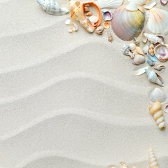 Natural seashells arranged on textured beach sand with copy space for summer holiday themes seashells vacation ©  SobuzForge