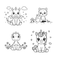 Obraz premium Lovely Baby Dragon Cute Fox Dinosaur and Baby Unicorn Kids Coloring Page Set