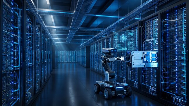 Futuristic AI Data Center with Advanced Servers and Holographic Technology