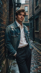 Fototapeta premium Man wearing distressed denim jacket over white shirt leans against brick wall in narrow urban alleyway under dim overcast sky with subtle rim lighting on hair.