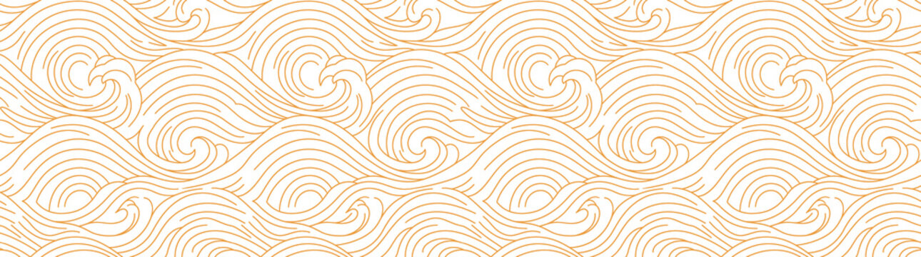Japanese wave pattern in gold line art, traditional oriental sea ripples on white background, elegant asian water texture for luxury packaging