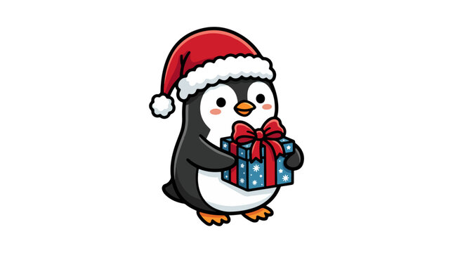 Cute cartoon penguin wearing a Santa hat holding a Christmas gift