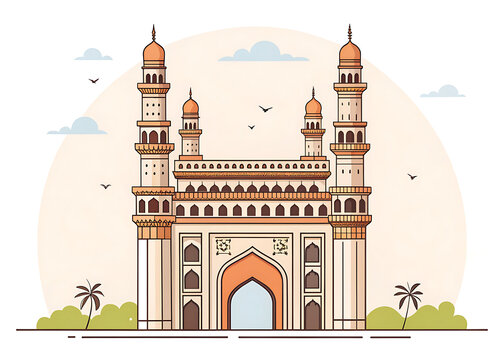 Charminar, Hyderabad, historic four-minaret monument with Islamic arches, modern minimal flat vector illustration, geometric symmetry,