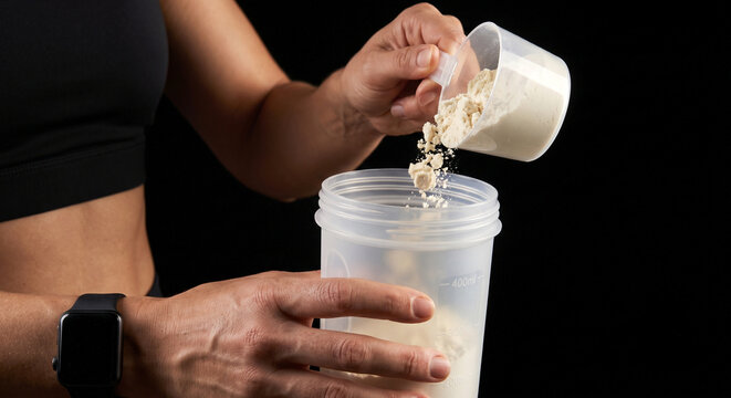 Athletic Woman Adding Scoop of Protein Powder to Shaker Bottle