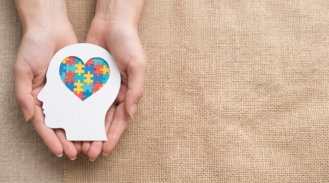 Autism awareness concept with hands holding paper head, colorful puzzle heart for neurodiversity, mental health support on burlap background