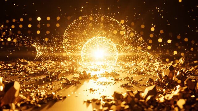 Abstract golden particles and glowing light orbs on a textured surface, cinematic 3d render of a futuristic landscape with bokeh