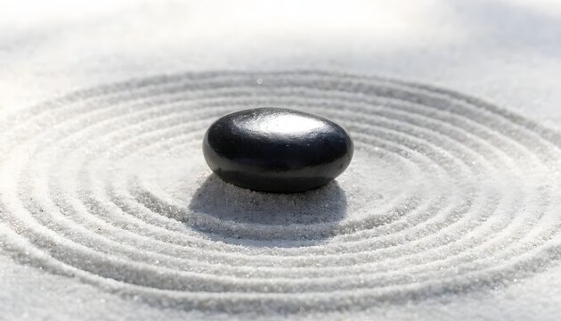 Black zen stone on white raked sand base.