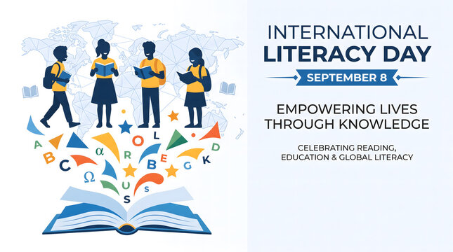 International Literacy Day Education Banner with Books Stack and Students