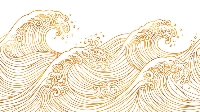 Japanese style golden sea waves on white background, elegant oriental ocean wave pattern, luxury gold line art water ripples for traditional decor