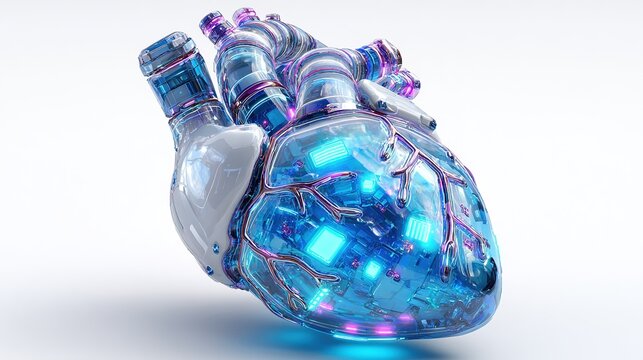 Cybernetic Heart: A futuristic prosthetic heart, illuminated with vibrant blue circuits and glowing data modules, represents the fusion of technology and biology.