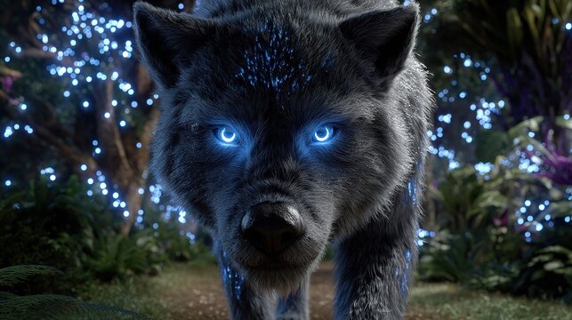 Enigmatic Wolf's Gaze: A mystical wolf with piercing blue eyes and glowing markings emerges from a whimsical forest filled with luminous flora, exuding an aura of mystery and power.