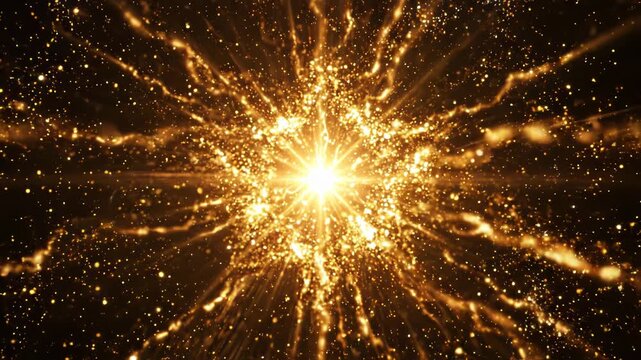Explosion of golden particles and light rays, abstract dynamic burst of energy with glowing sparks and motion blur