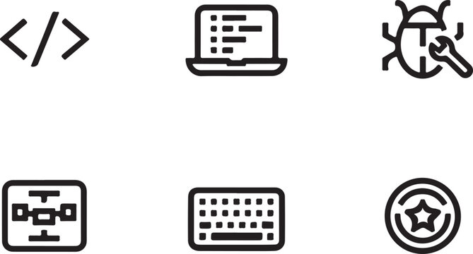 Set of black and white software development vector icons featuring coding tools for modern digital interface