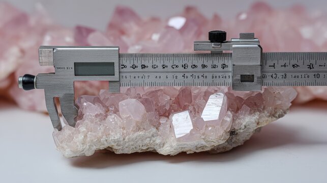 Precise Measurement of Pink Quartz Crystal with Caliper.