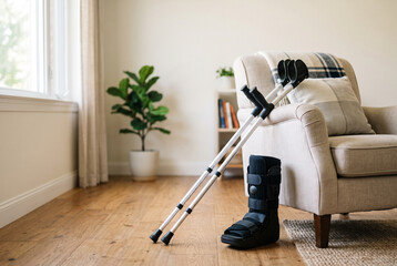 Fototapeta premium Two crutches and a medical boot stand next to a chair in a living room. The space has natural light coming through the window, and a plant is nearby