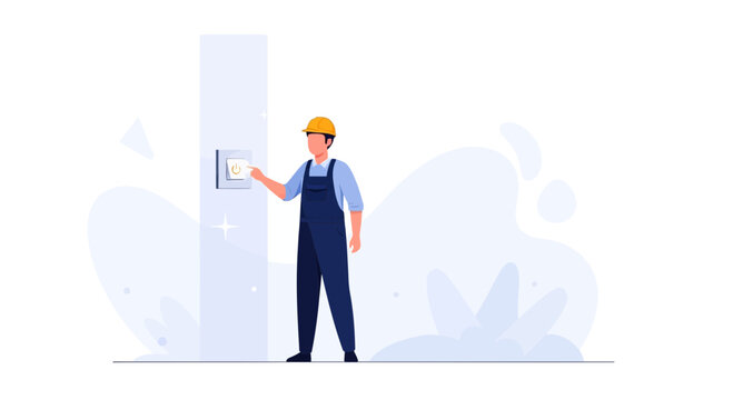 Electrician in Hard Hat and Overalls Operating a Light Switch on a Wall