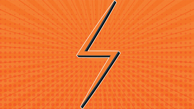 Retro comic lightning bolt vector, orange pop art background with halftone dots and sunburst rays, electric power symbol for superhero graphics