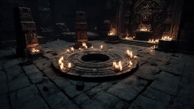 Maya Aztec civilization, Mexico culture. Mysterious, fantasy. A dark, atmospheric portrayal of an ancient Mayan temple. A circular stone altar is the central focus.