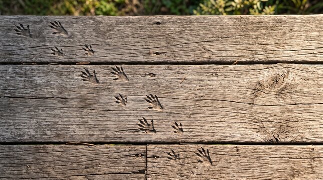 Possum footprints on weathered wooden planks