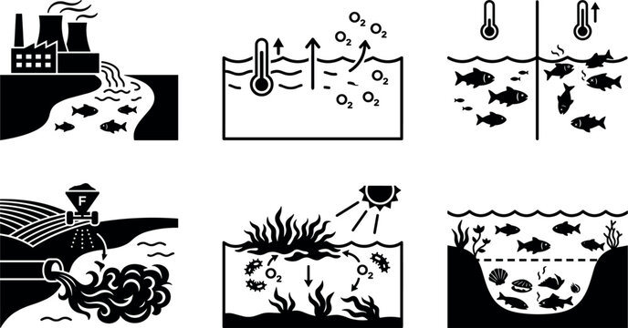 Water Hypoxia and Marine Eutrophication Disaster Icon Set with Industrial Sewage Agricultural Fertilizer Runoff Algal Bloom and Dead Fish Symbols
