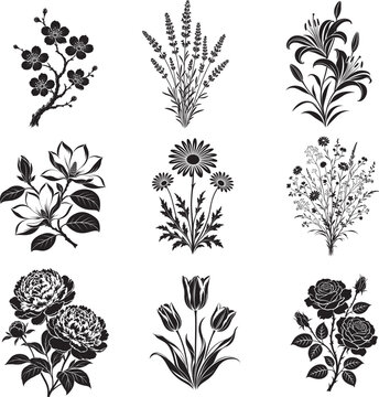 Floral Silhouette Vector Set Collection with Rose Tulip Lily Daisy Peony Lavender Wildflowers and Blossom Branches