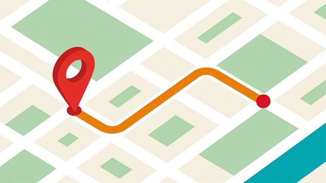 Minimalist flat design map showing route with red location pin and directional path