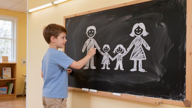 Young boy drawing stick figures of a family on a chalkboard in a bright classroom with yellow walls and bookshelves in the background