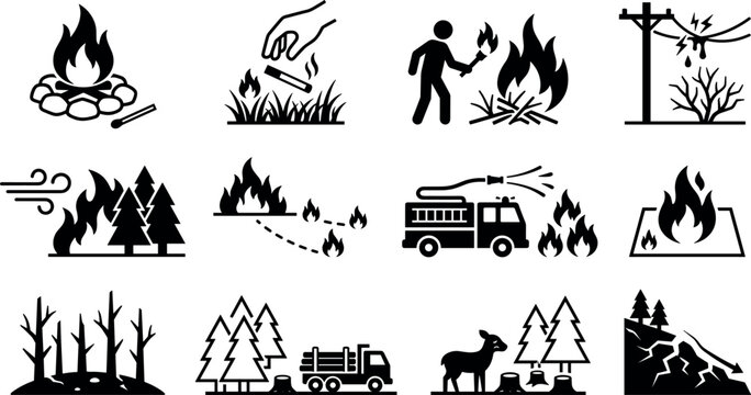 Wildfire Causes and Environmental Destruction Icon Set with Arson Campfire Cigarette Lightning Powerline Firetruck Deforestation and Landslide Symbols