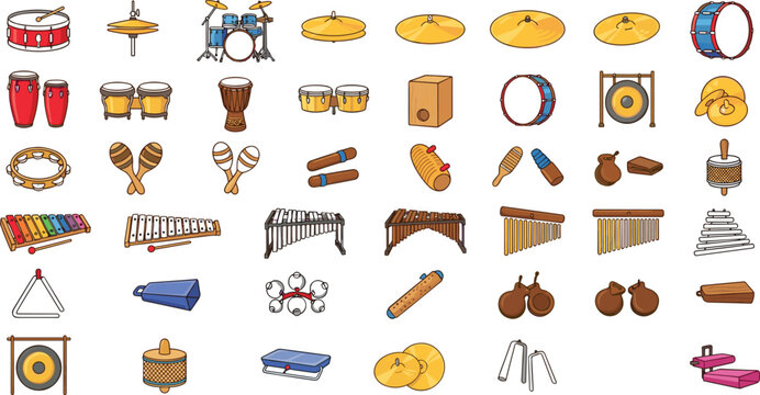 Percussion Musical Instrument Mega Vector Set Featuring Drums Cymbals Maracas Xylophone Gong Tambourine and Traditional Rhythm Elements Isolated on White Background