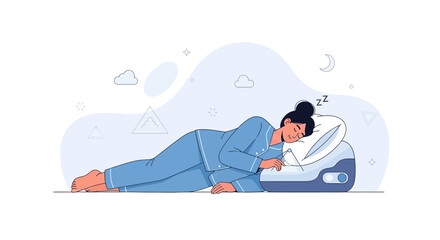 Obraz premium Woman Sleeping Peacefully on Air Mattress with Pillow, Calm Night Scene with Moon and Clouds