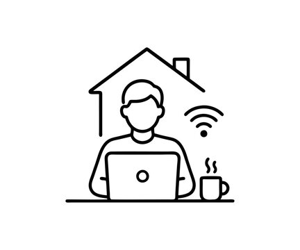 Remote work freelancer laptop user outline icon. Internet work, remote teamwork, home workspace, shared network vector design and illustration.
