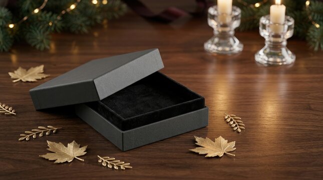 Happy halloween gift presentation elegant black box with autumn leaves and candles for seasonal giving