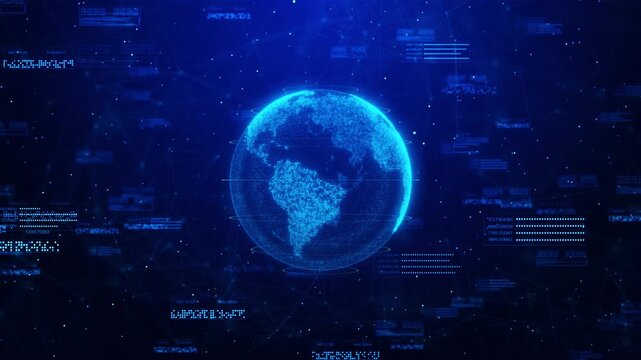 Digital globe global network connections blue technology background, artificial intelligence, data sharing, internet security in futuristic digital world map, big data, business trading, technology,