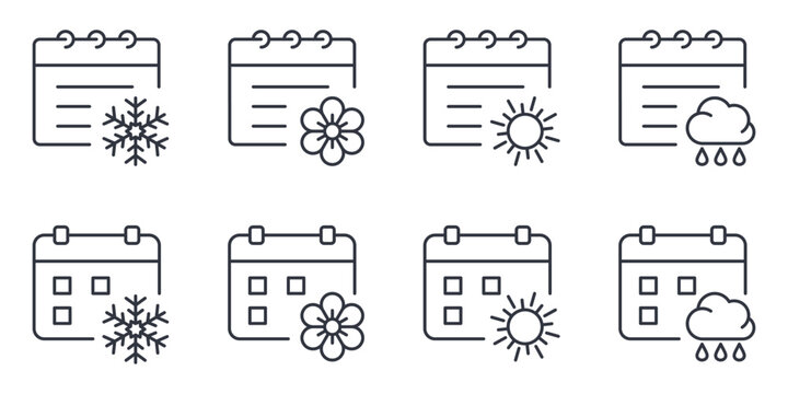 Seasonal planner calendar icons. Editable stroke vector line set. Four seasons schedule with spring winter summer autumn symbols. Event planning and yearly calendar concept. Holidays schedule elements