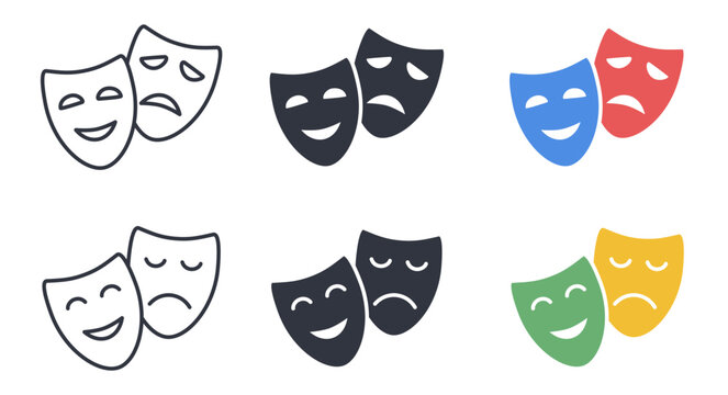 Theater masks vector icons. Editable stroke line black solid and color set. Comedy and tragedy symbols for acting, stage performance, theater, movie, film industry and entertainment. white background