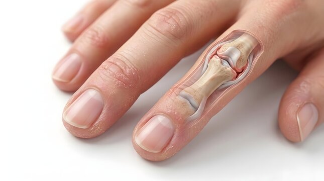 Anatomical medical illustration of finger joint with bones and tendons on white background.