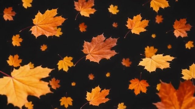 Vibrant orange maple leaves drifting in slow motion across a dark black background video clip