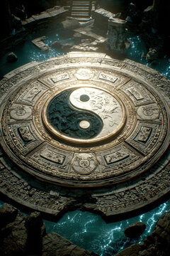 Yin Yang, Chinese philosophy, harmony, balance, Taoism. A vivid portrayal of an ancient, circular structure, resembling a yinyang symbol, set against a backdrop of a tranquil body of water.