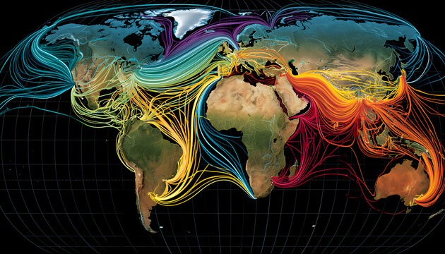 A world map illustrating various trade routes across continents.