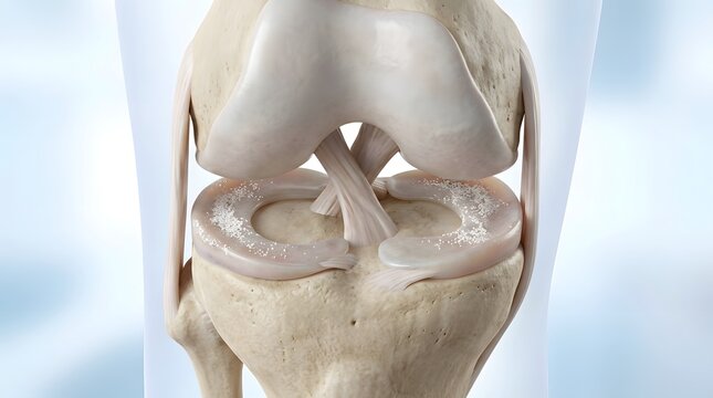 Detailed view of knee ligaments and meniscus with microscopic particles representing synovial fluid.