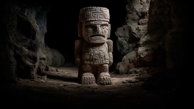Maya Aztec civilization, Mexico culture. Mysterious, fantasy. A dark, atmospheric photograph of a stone statue in a cavern. The statue is intricately carved with detailed patterns and symbols.