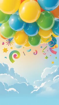 Colorful Balloons Floating Against Sky with Confetti and Stars Background