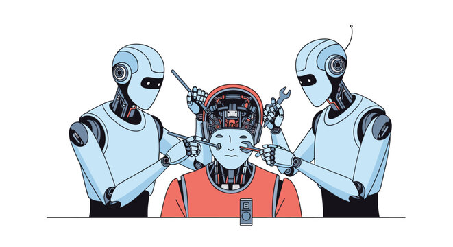 Advanced humanoid robots working together to repair or assemble a robotic torso in a high tech futuristic workshop.
