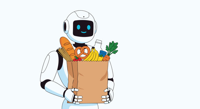 Helpful service robot carrying a brown paper grocery bag filled with fresh bread, fruit, and vegetables.
