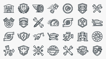 Fototapeta premium Creative Black and White Line Icons Set Featuring Auto Repair Maintenance and Vehicle Parts for Digital Design