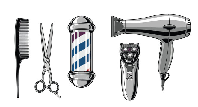 Set of barber shop equipment including a professional hair dryer, electric shaver, scissors, and iconic barber pole.